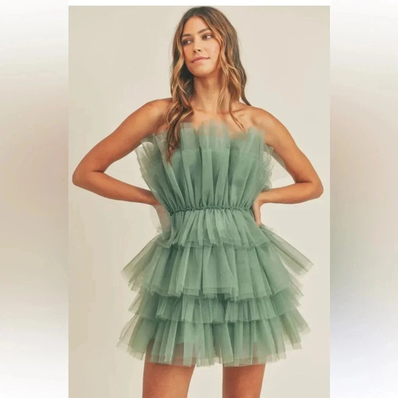 Mable Petal & Pup ELEGANT SAGE STRAPLESS RUFFLE TULLE MINI DRESS Size L - Picture 1 of 7